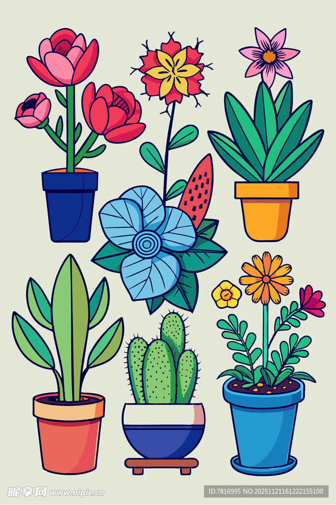 多彩盆栽花卉插画