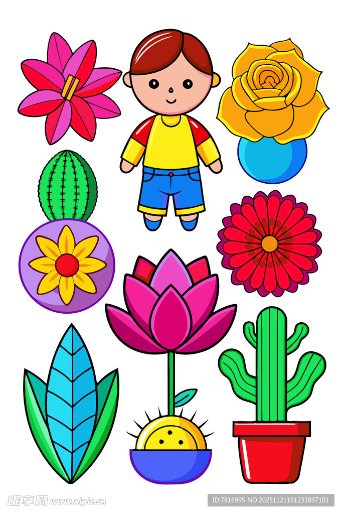 儿童与多彩花卉植物