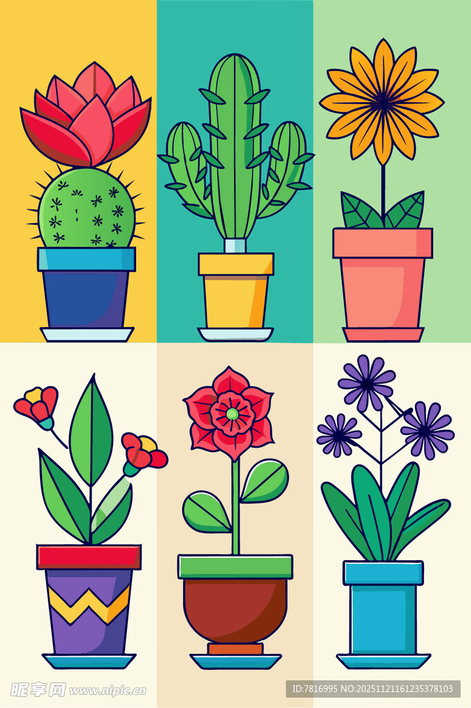多彩盆栽花卉插画展示