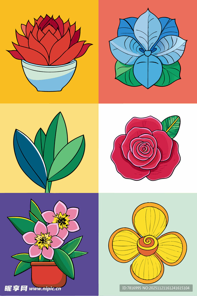 多彩盆栽花卉插画