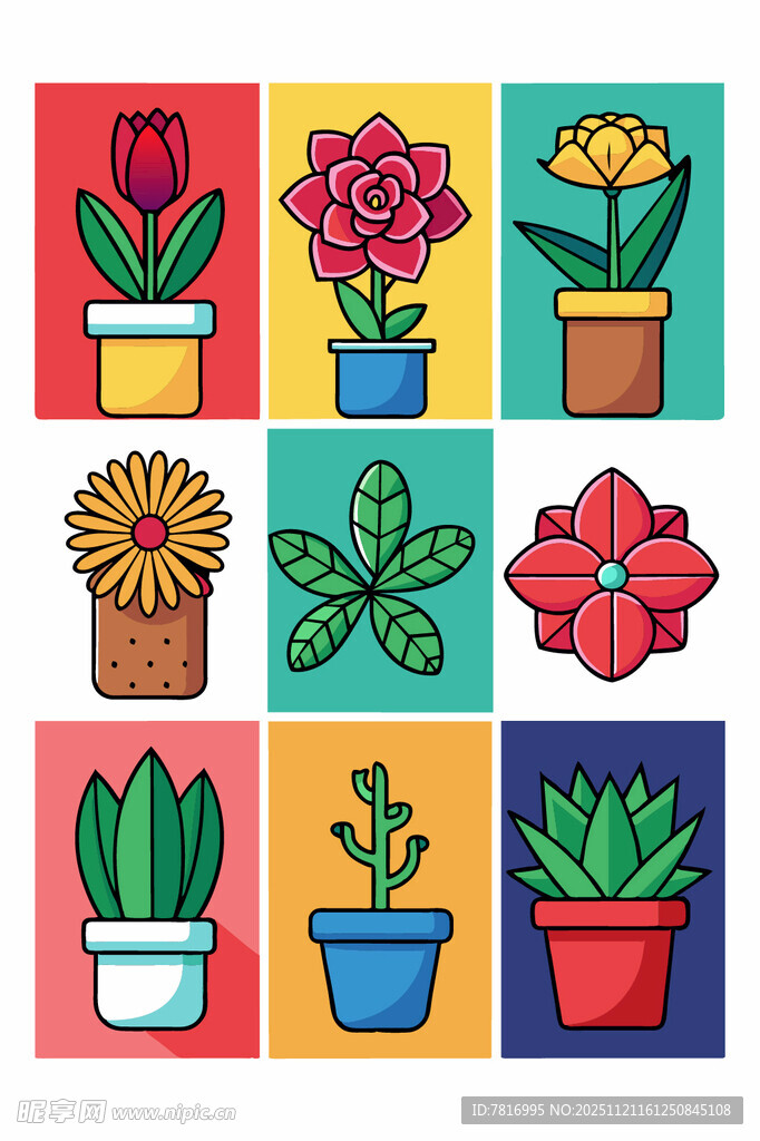 多彩盆栽花卉插画图案