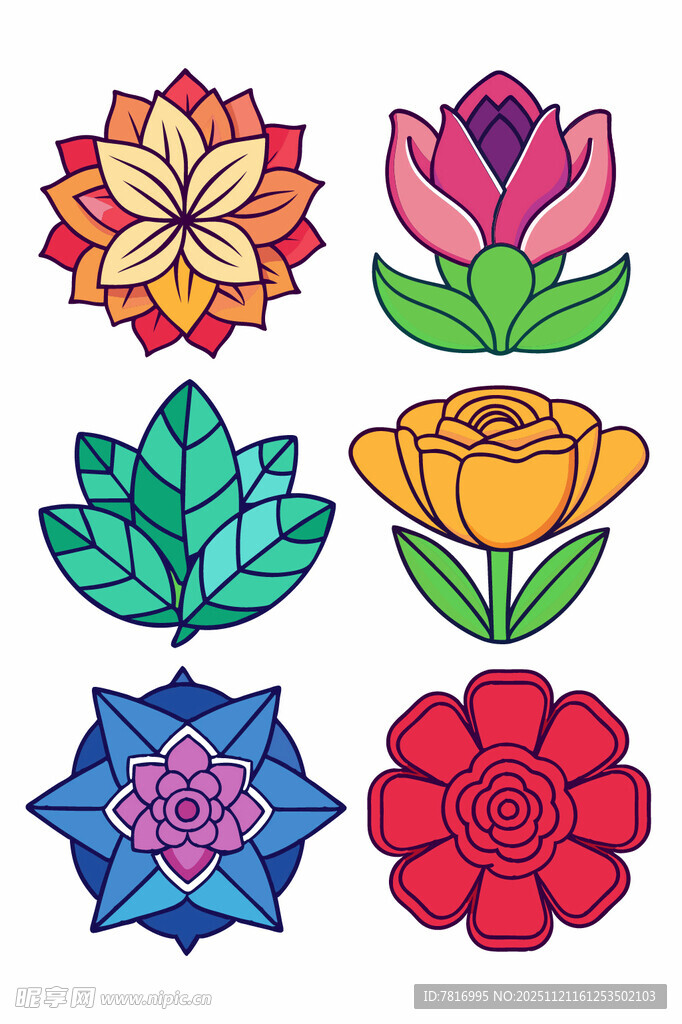 多彩手绘花朵图案集合