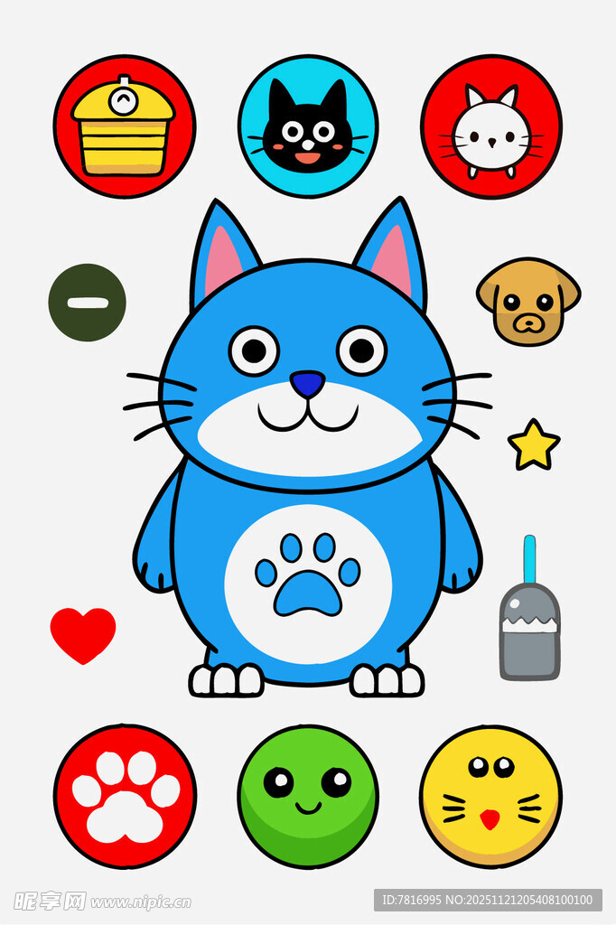 可爱蓝猫与多彩卡通图标