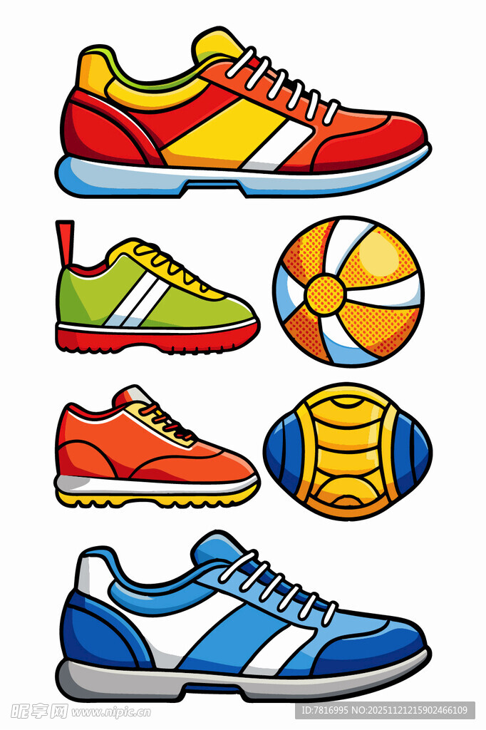 多彩运动鞋与球类展示