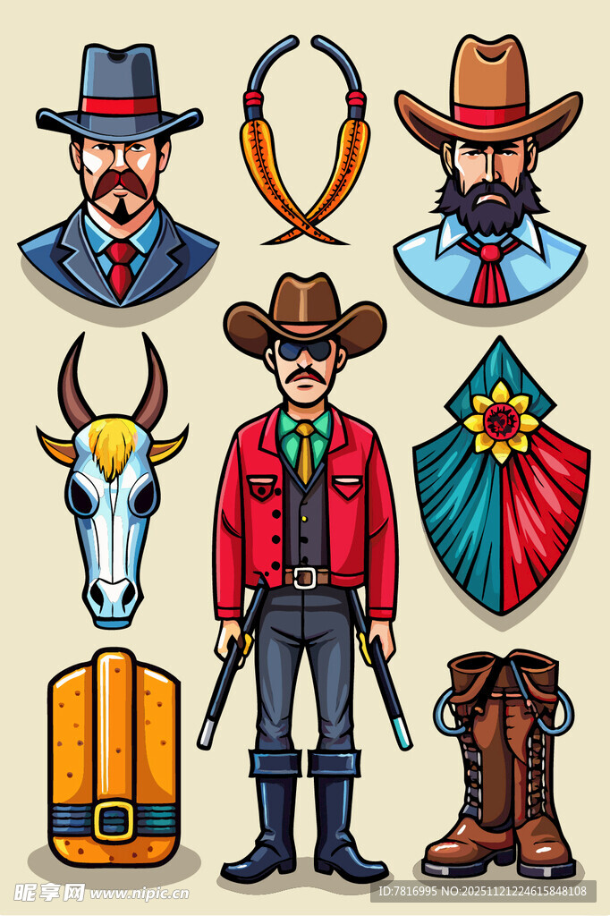西部牛仔元素图标集合