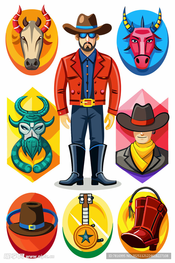西部牛仔元素插画