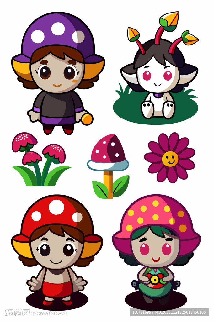 蘑菇精灵与小动物插画