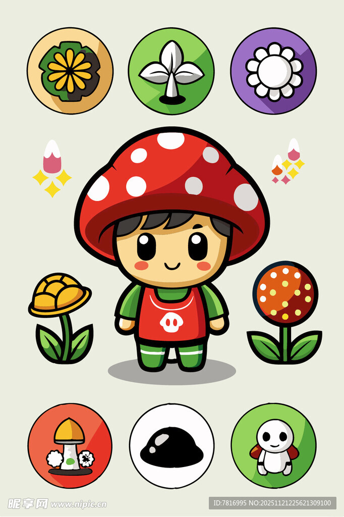 蘑菇小人与多彩植物图标