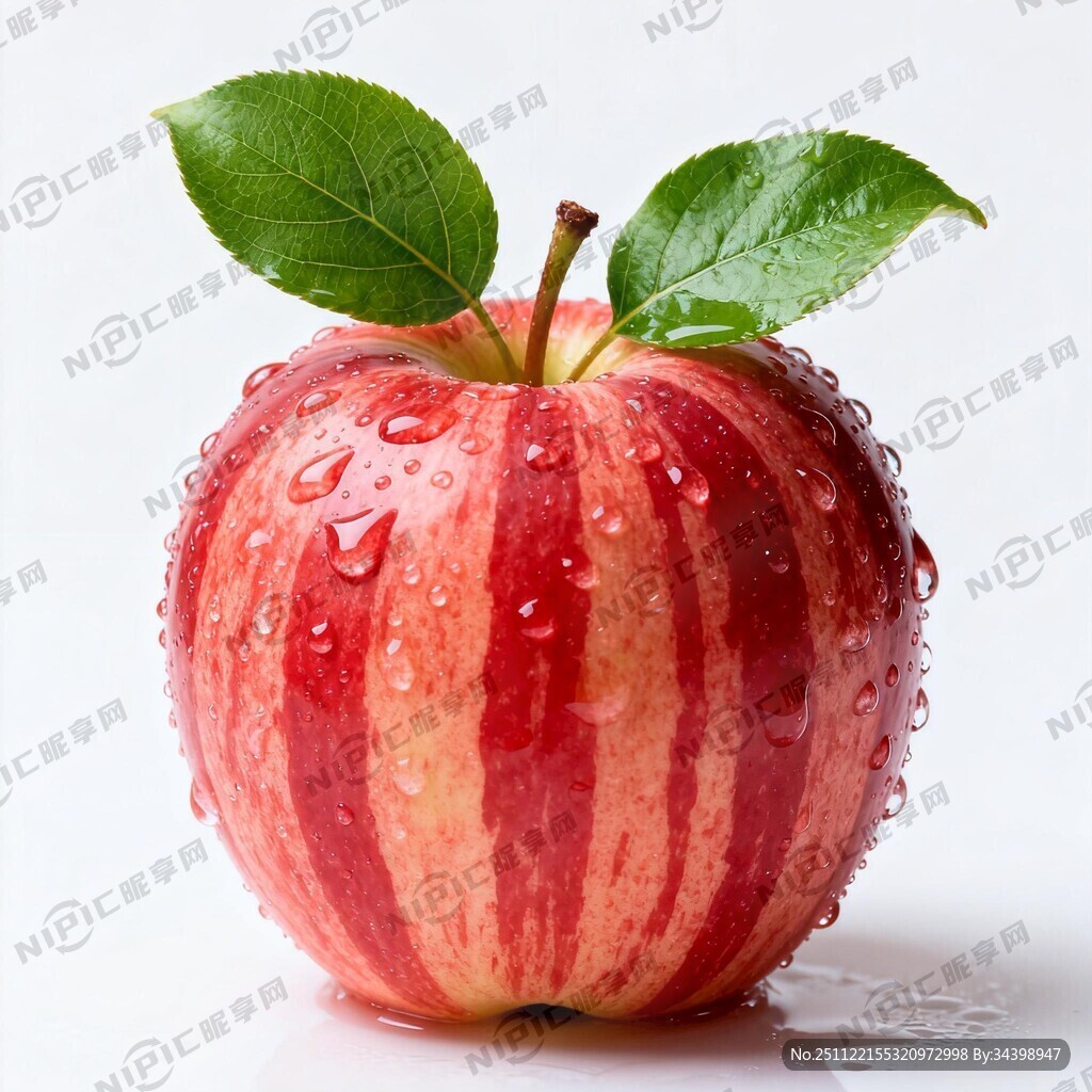 带绿叶水珠的红条纹苹果