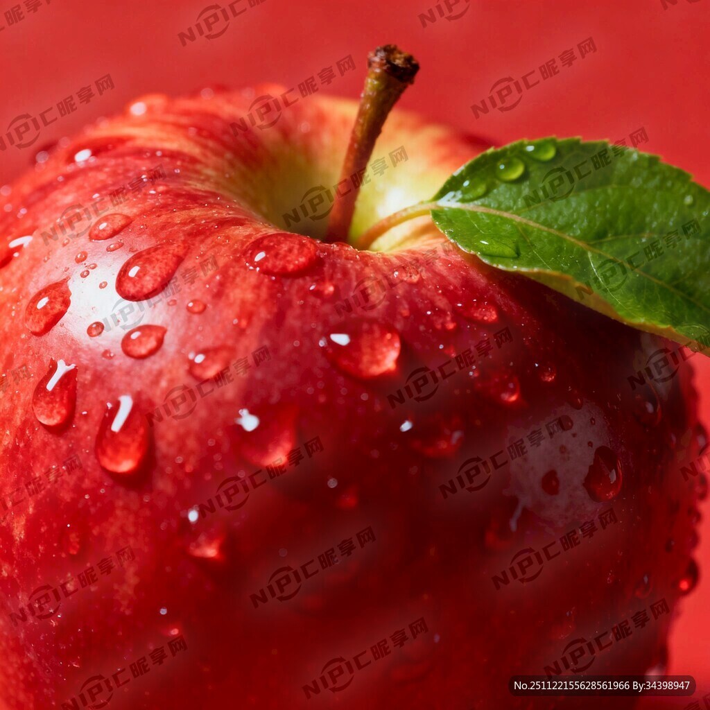 红底色下带绿叶水珠的红苹果