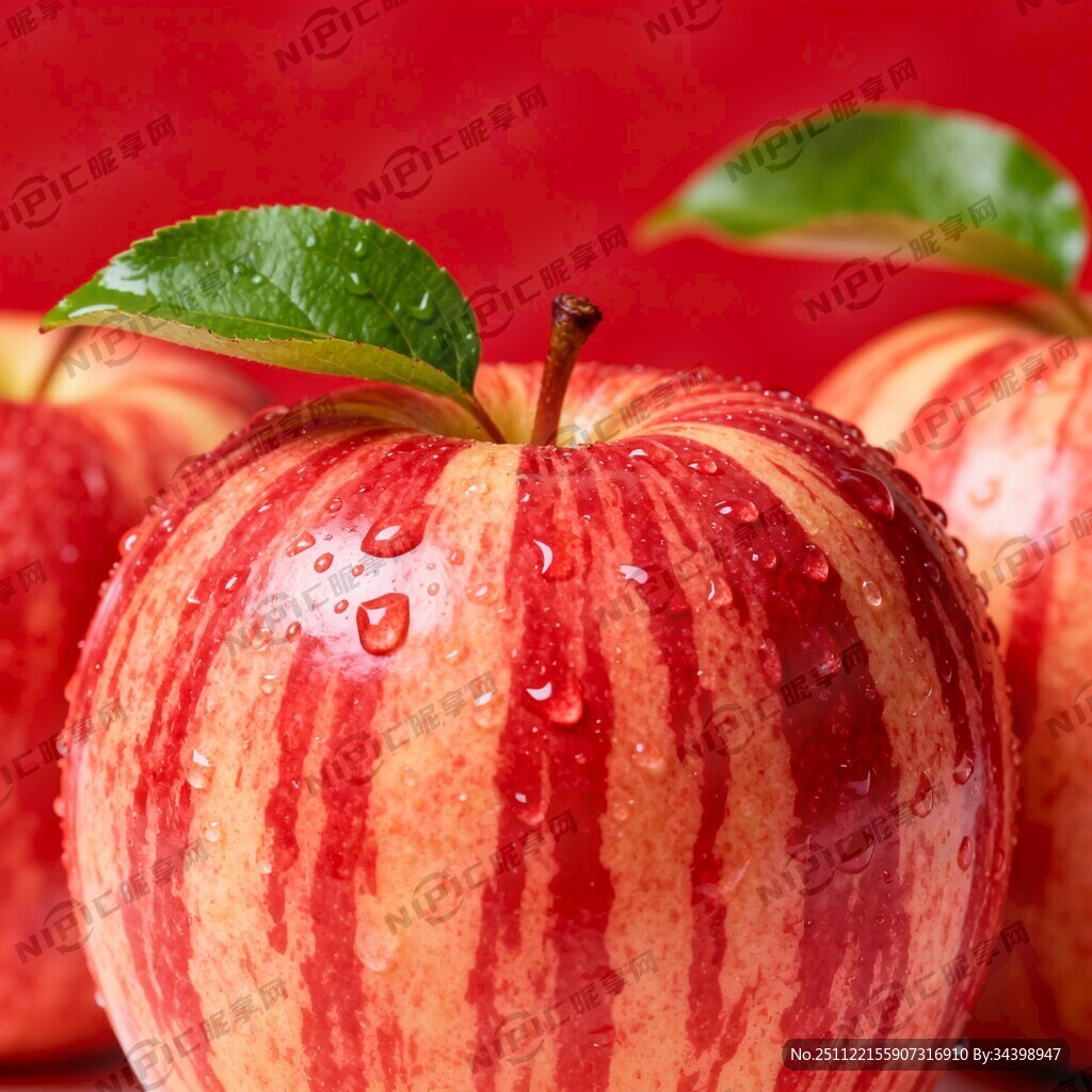 红底色下带绿叶的水珠红条纹苹果