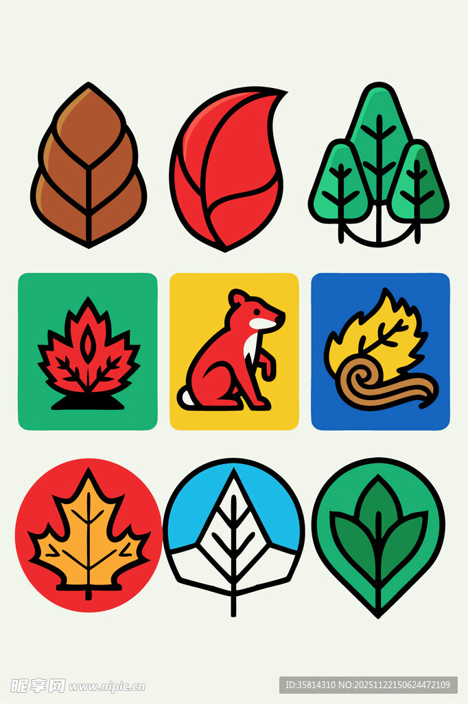 多彩秋叶与动物图标集合