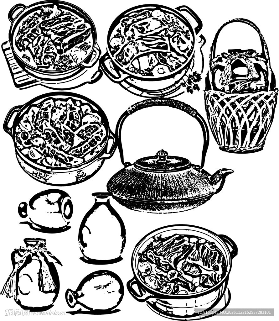 传统茶具与美食手绘集合