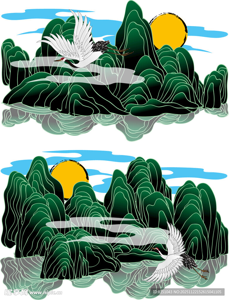 山水墨韵飞鸟伴日图