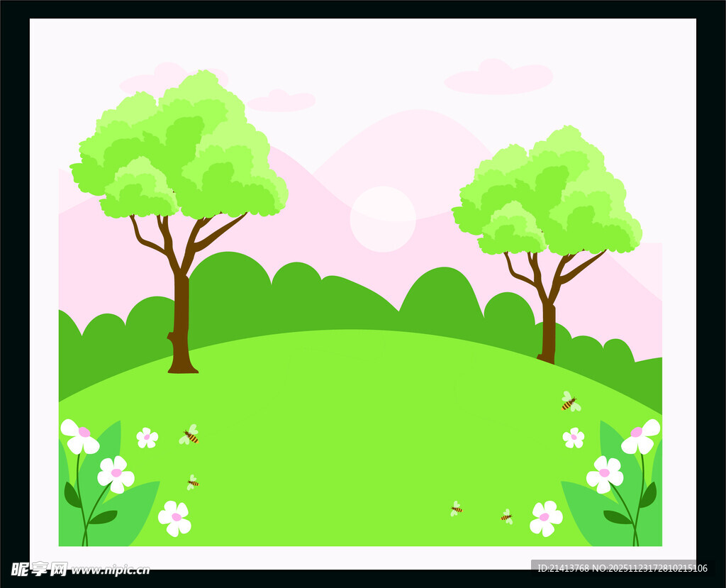 春日绿野双树花卉图景