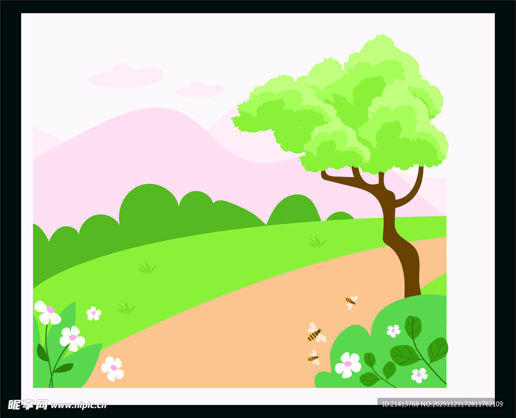 田园小路旁的绿树与花草