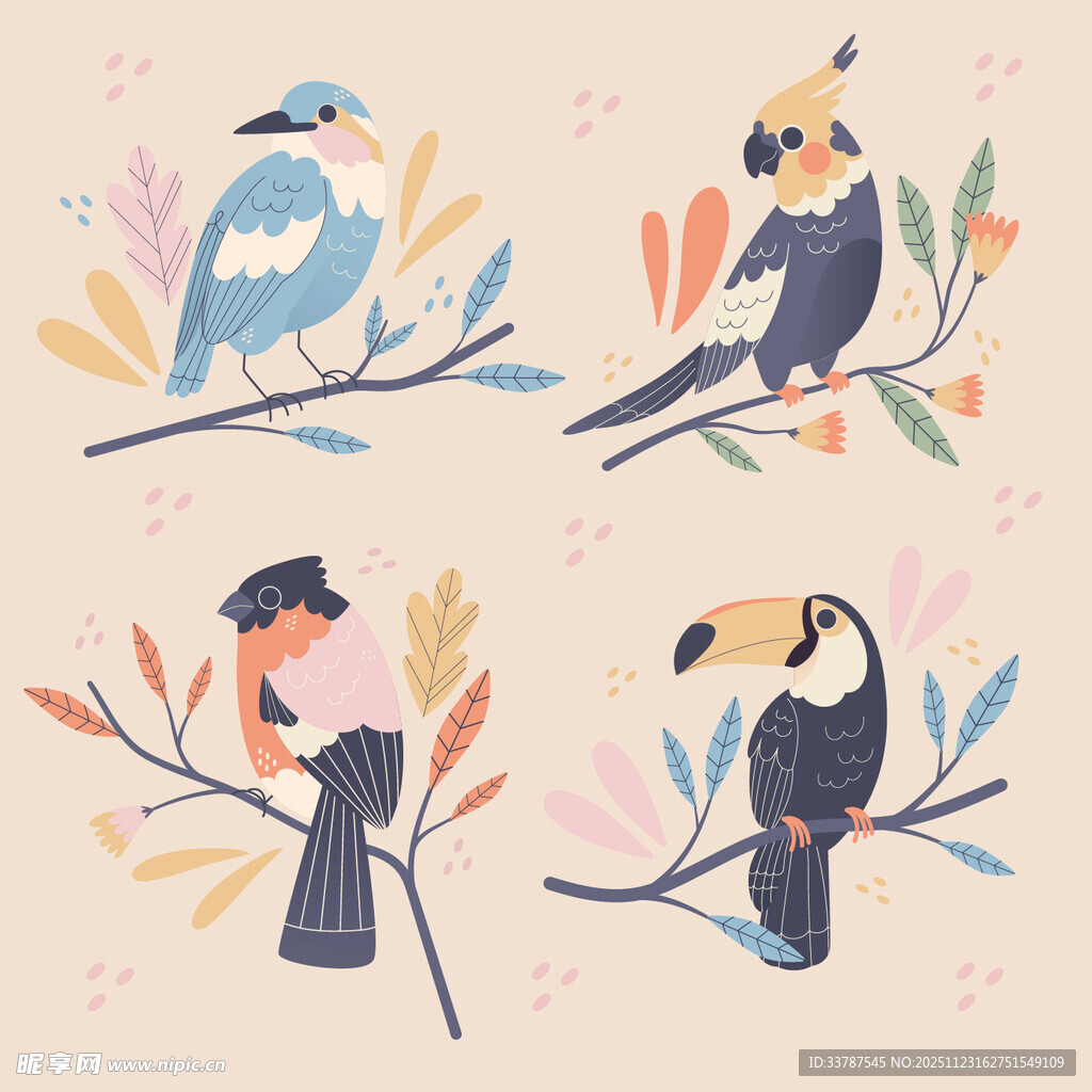 四只彩鸟栖于花枝间