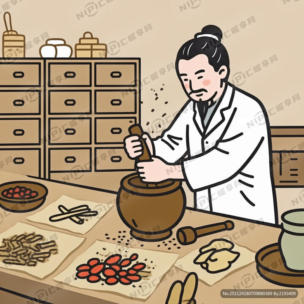 古代中药材研磨场景