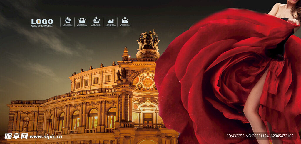 红裙佳人映衬宏伟建筑