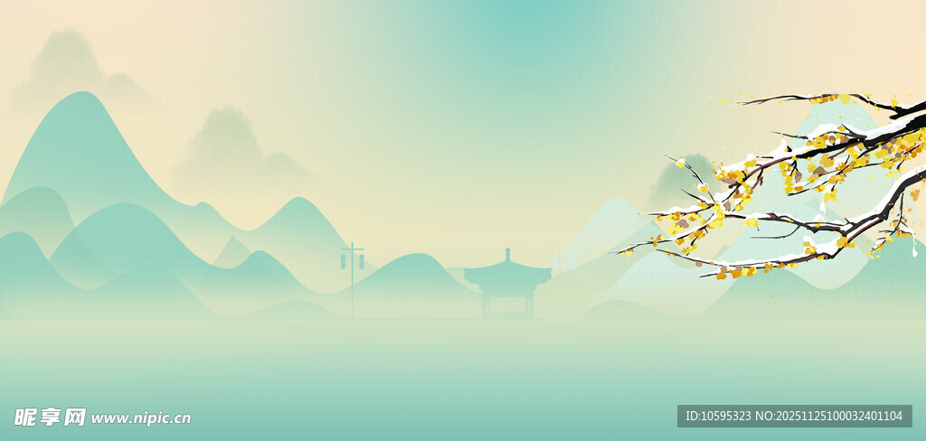 中国风水墨山水间的花枝背景