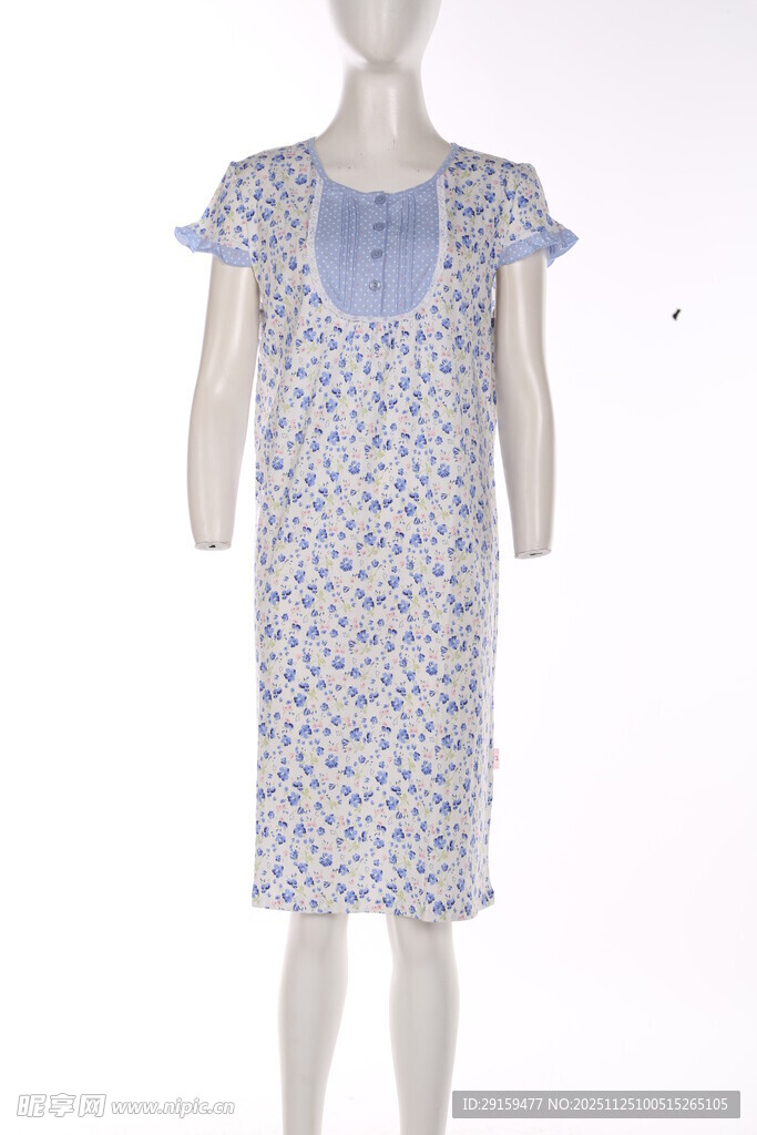 蓝白碎花短袖女士睡裙