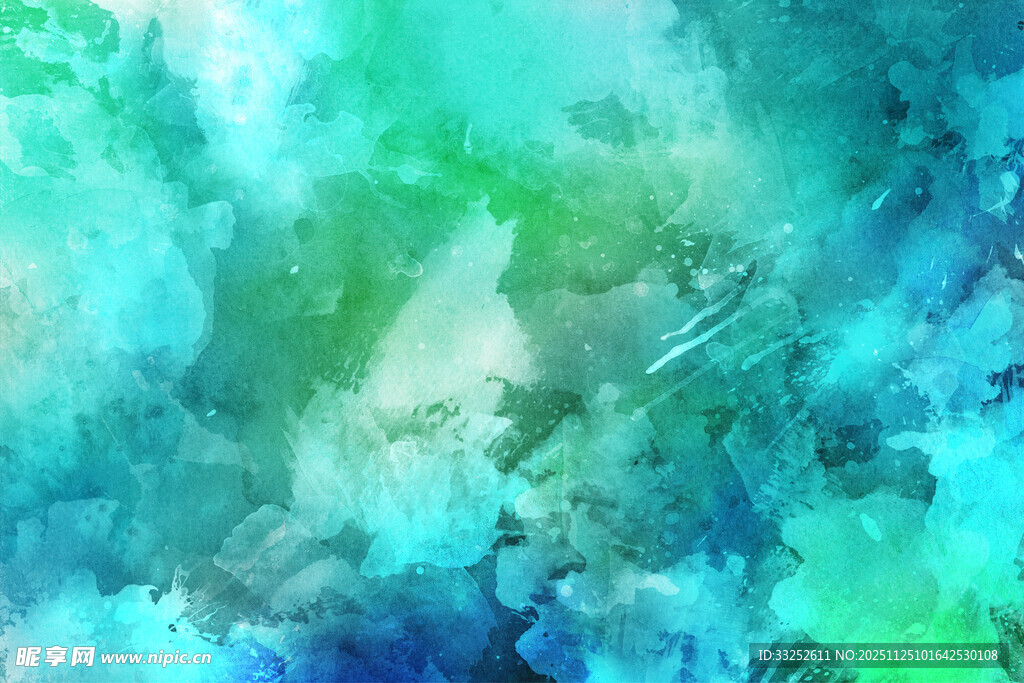 梦幻蓝绿水彩抽象背景图