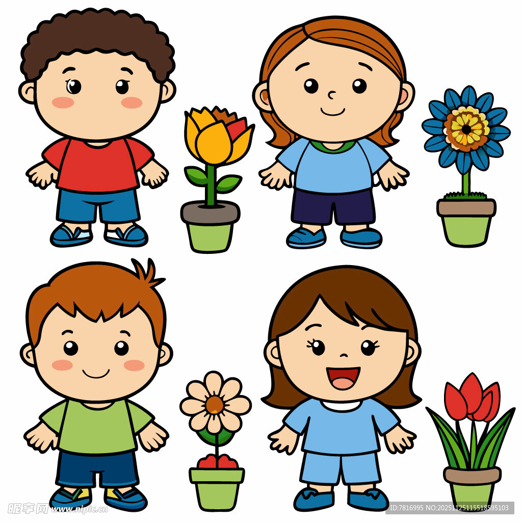 儿童与花卉的可爱插画
