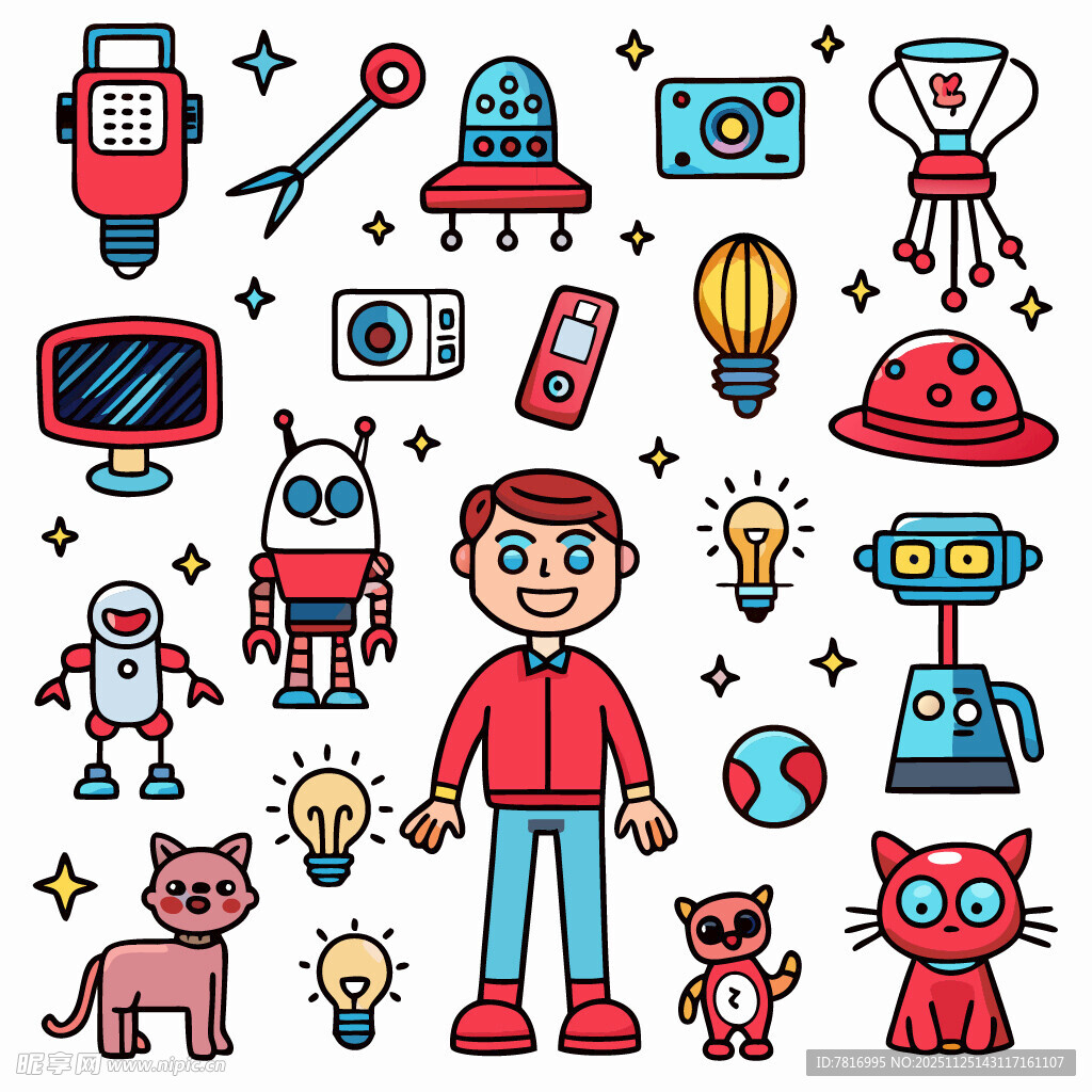 男孩置身多彩机器人元素中