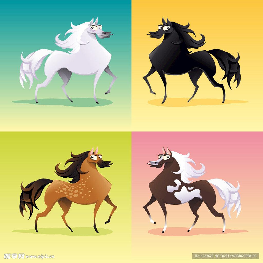四色骏马奔腾插画