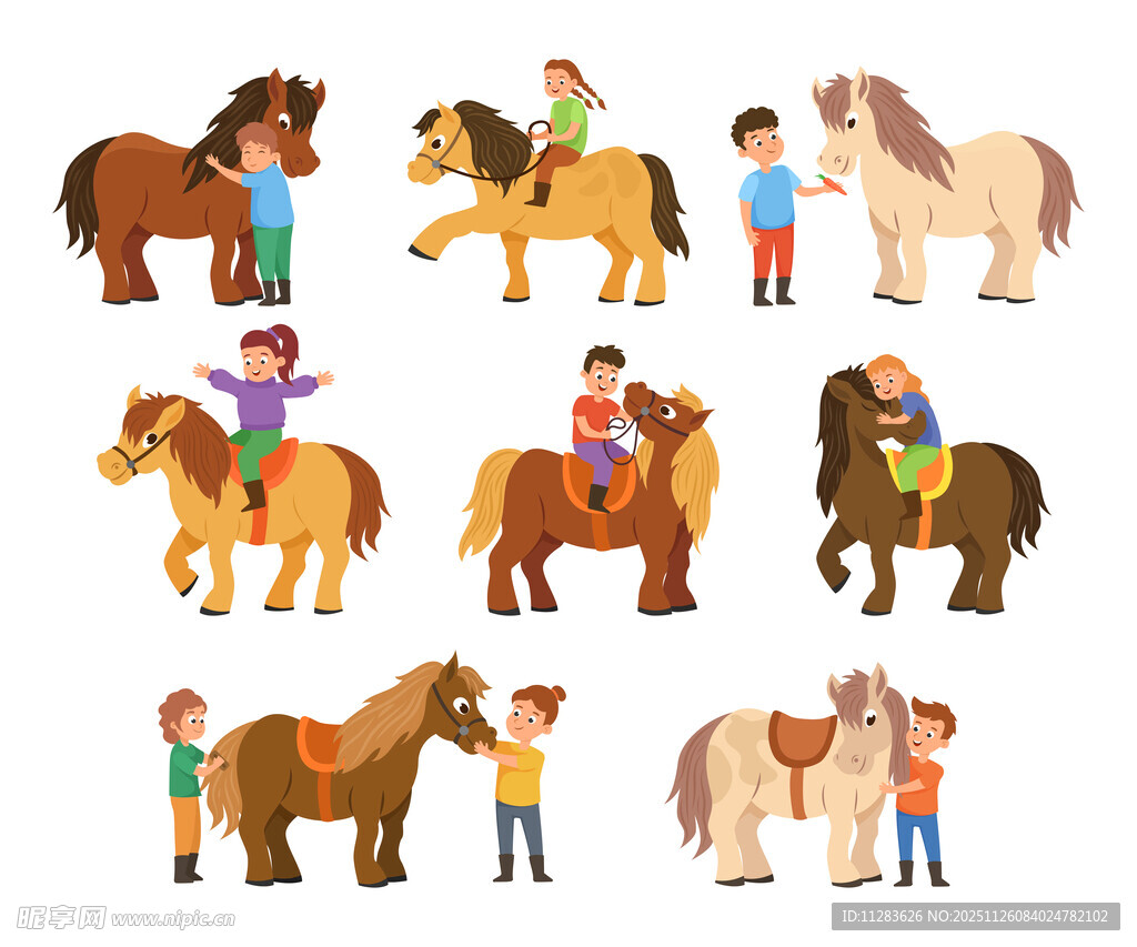 儿童与马互动场景