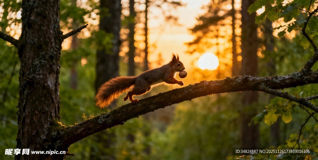 夕阳下枝头的松鼠