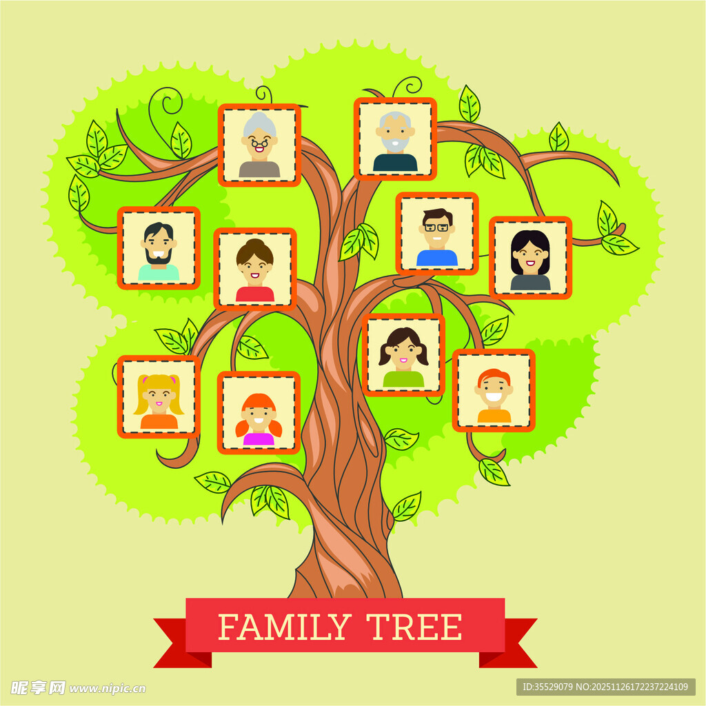 色彩缤纷的树与装饰家庭成员