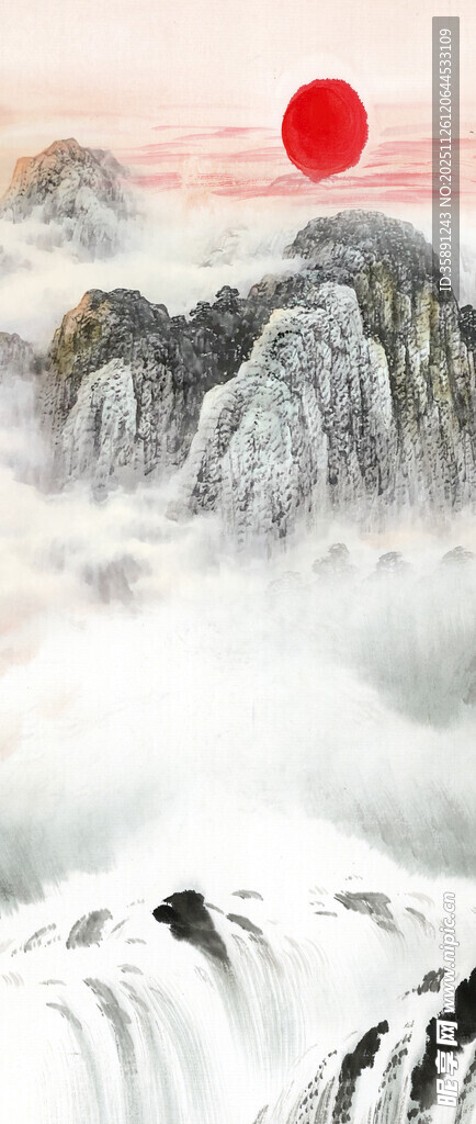 红日映山川瀑布壮景