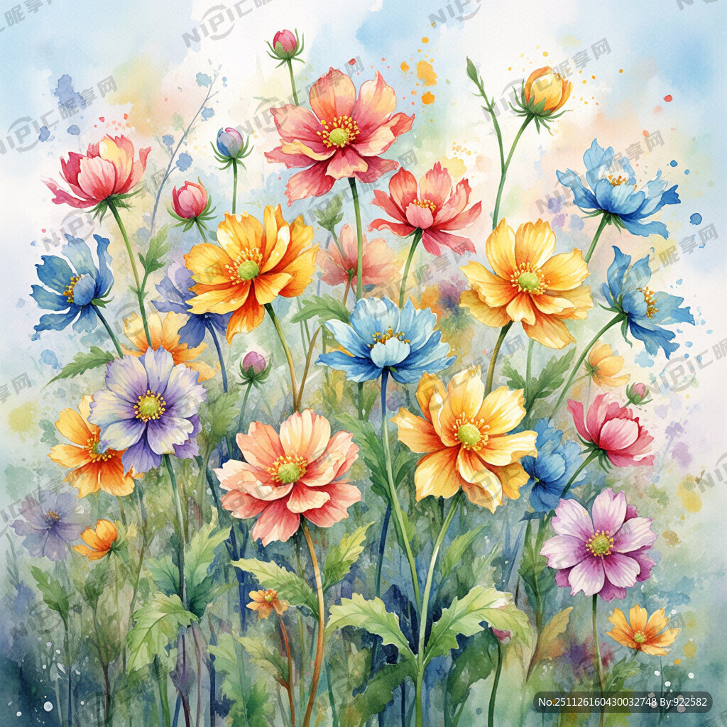 水彩绘烂漫花卉花境