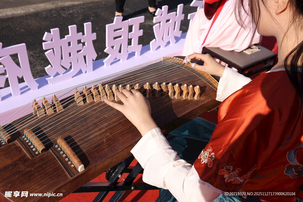 女子专注弹奏传统古筝