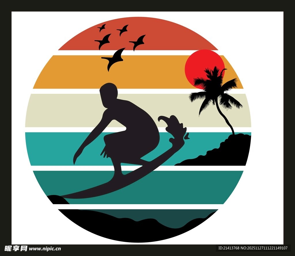冲浪者的热带日落剪影
