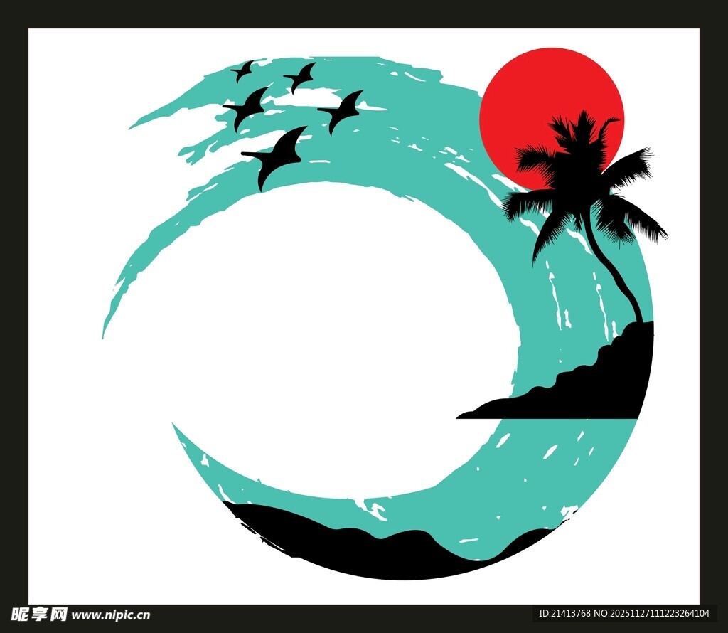 海岛日出海浪飞鸟景象