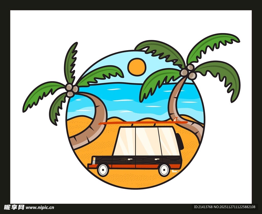 夏日沙滩露营车插画