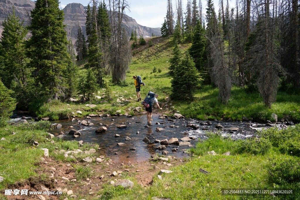 山间徒步者穿行溪流树林间