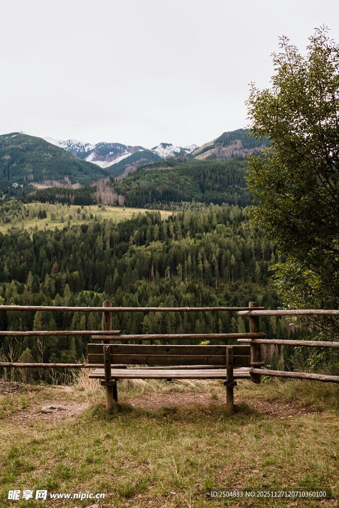 山间木栏旁的静谧风景