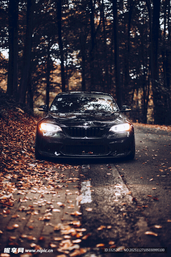 林间公路上的炫酷黑色跑车