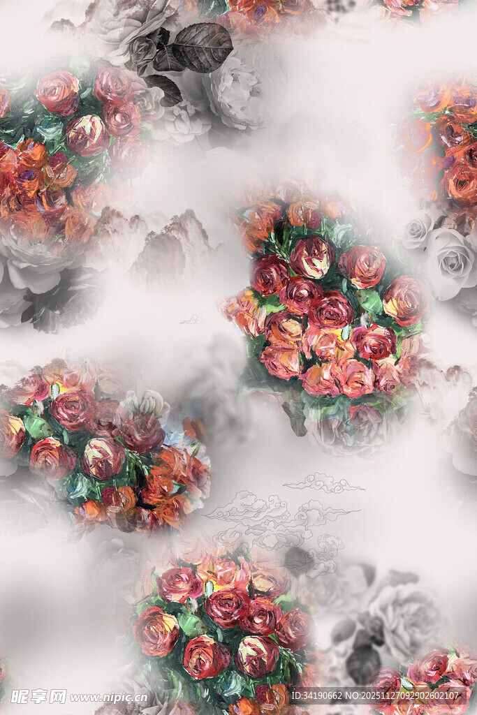 梦幻花卉云雾背景图案