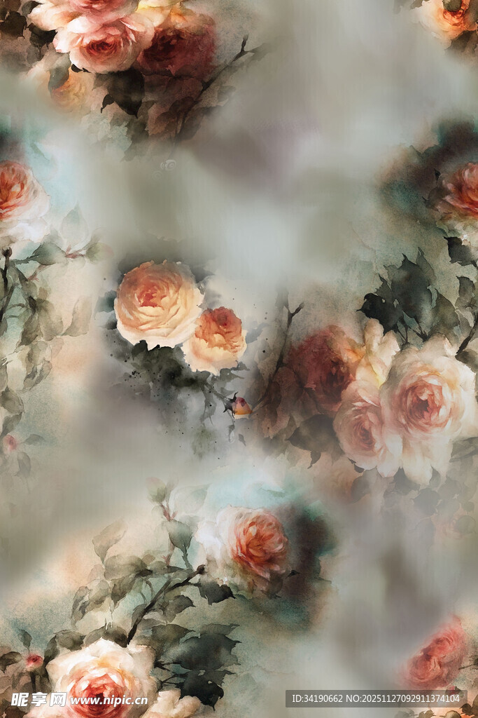 梦幻花卉水彩纹理图案
