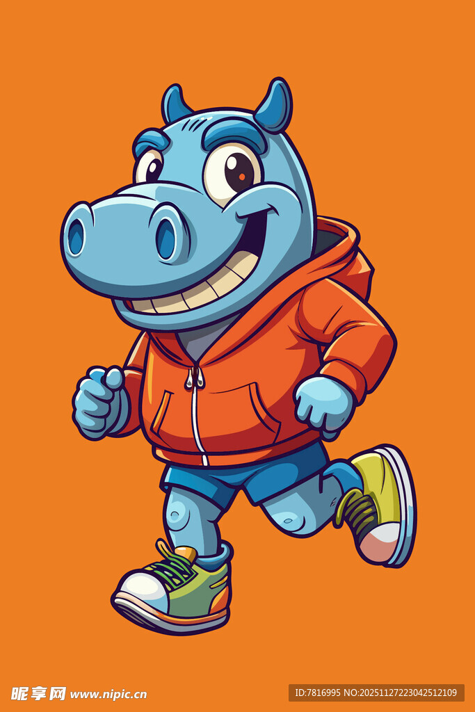 奔跑的蓝色卡通河马