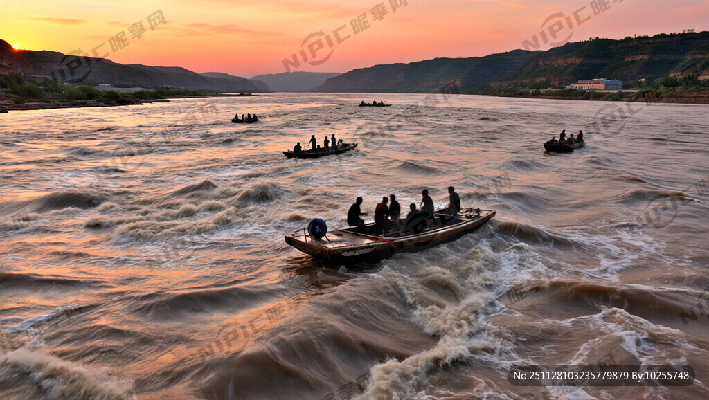 红霞满天 奔腾的黄河渡口