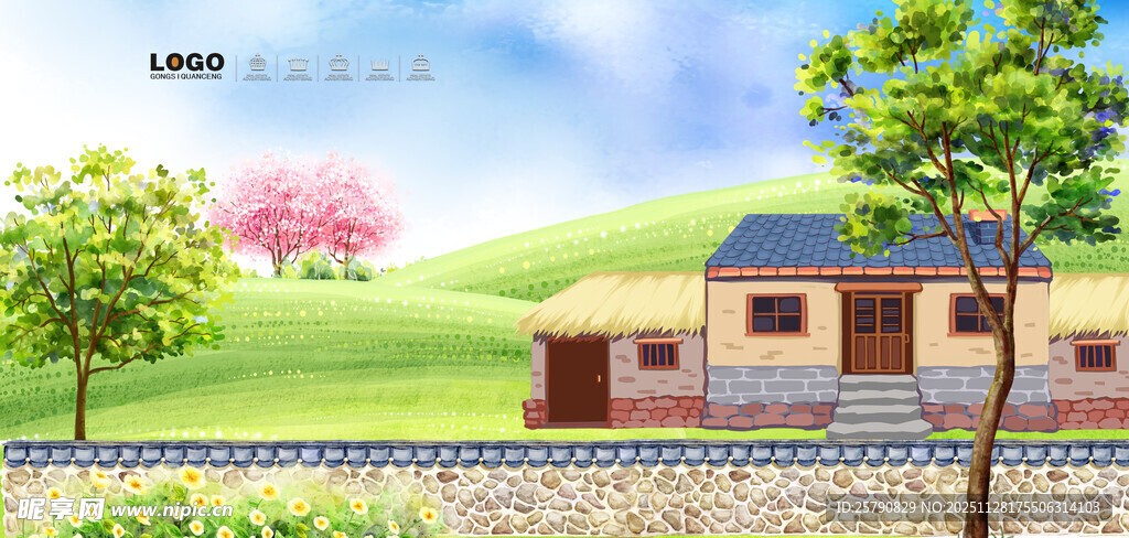 乡村田园小屋风景图