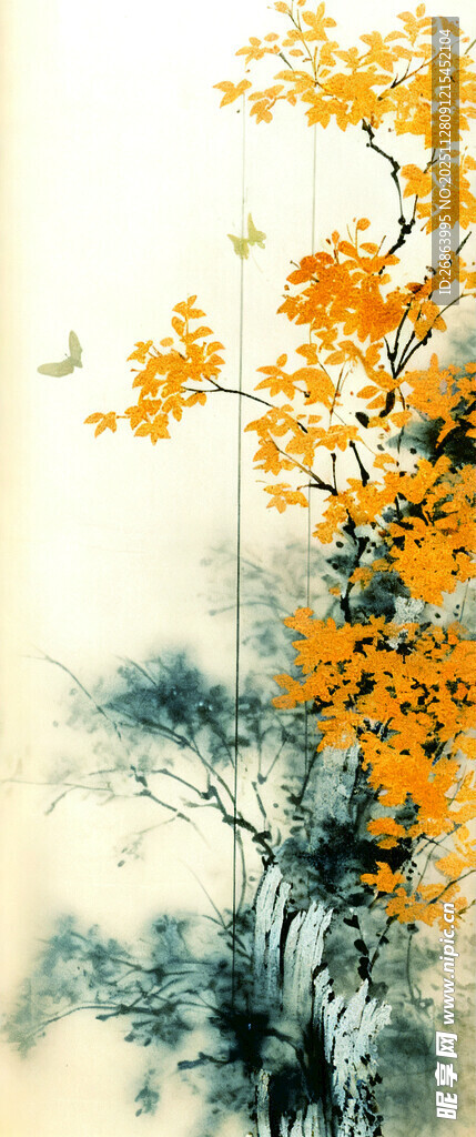 水墨秋景图中的灿烂花枝