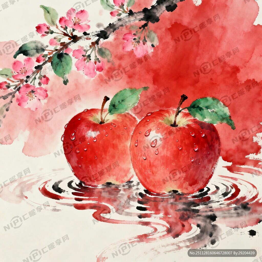 红色水墨画背景 中间两个苹果