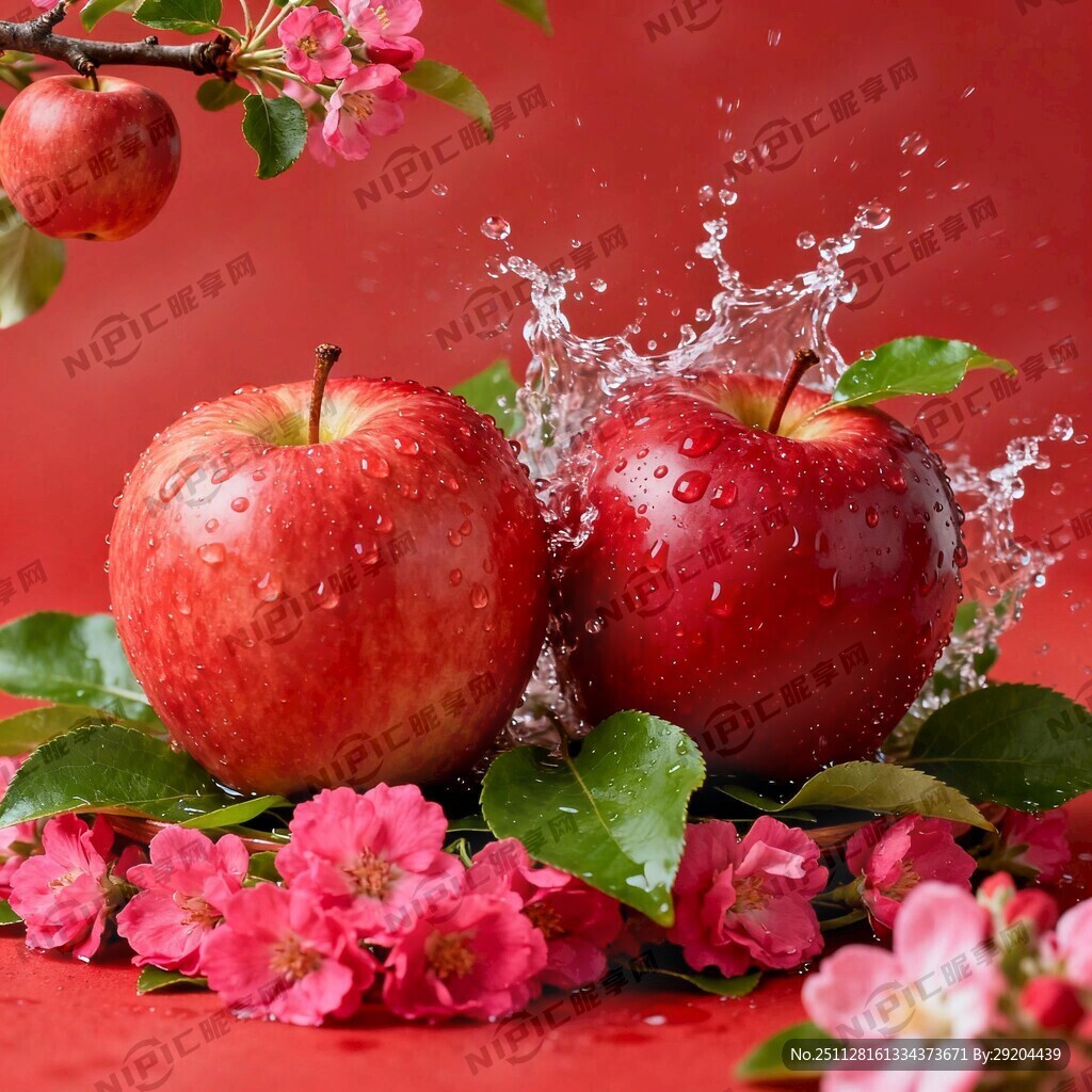 红色背景带花 苹果上带水珠
