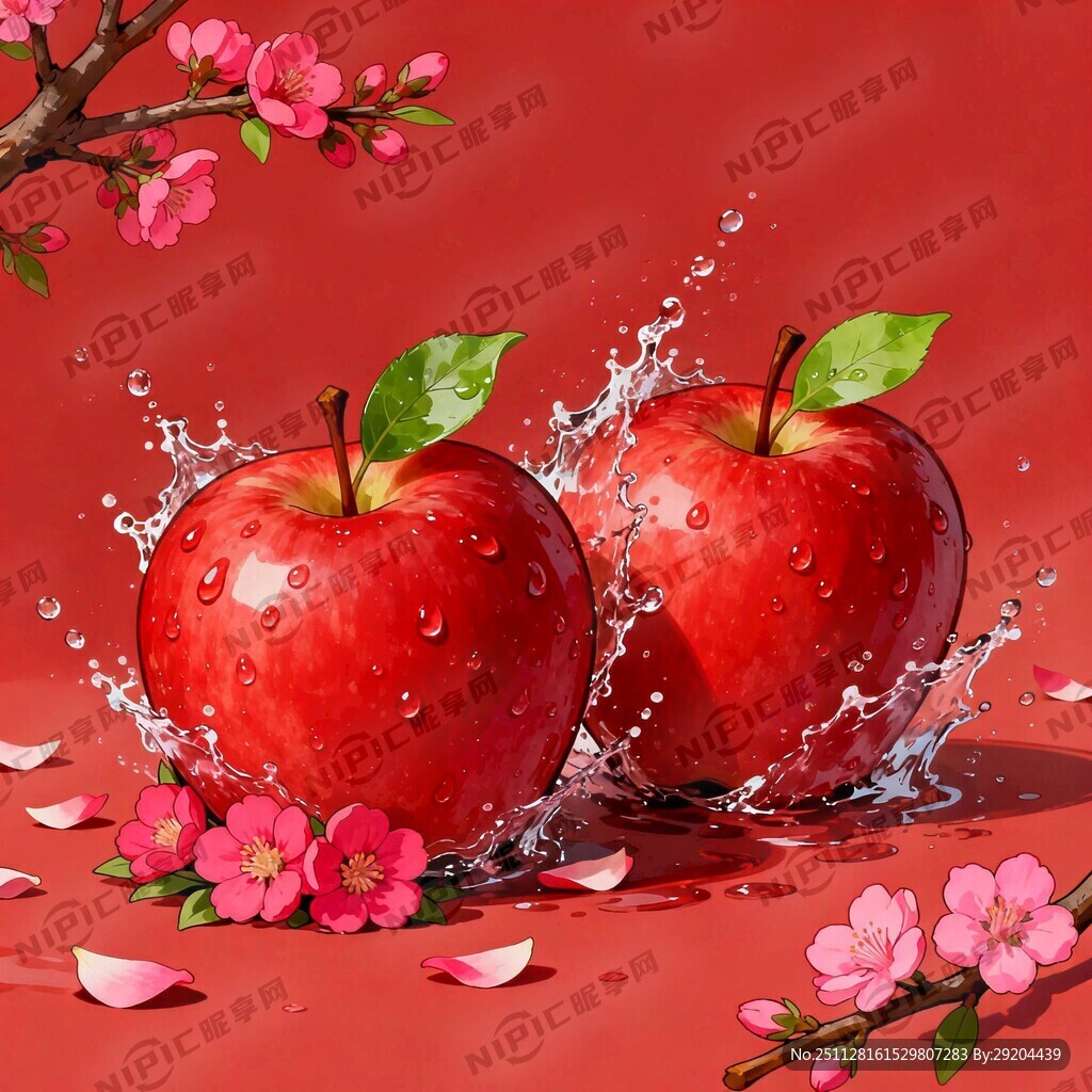 红色背景带花瓣 苹果上带水珠